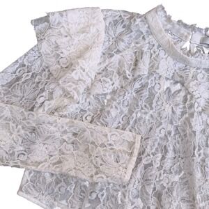 Floral Lace Mock Neck Cropped Long Sleeve Sheer Coquette Blouse Top Off White XL